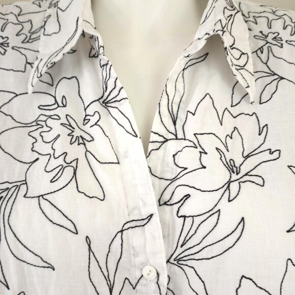 Jones New York Signature Linen White Black Floral Embroidered Blouse - Picture 2 of 8